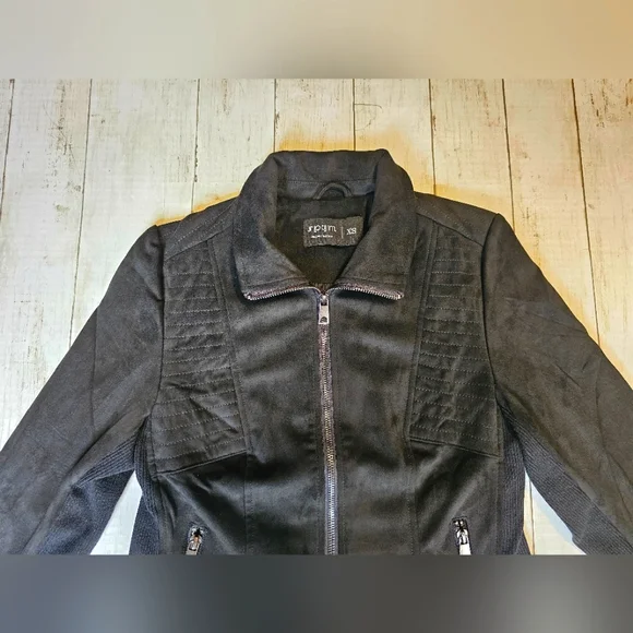 NEW SPYM Sleek Black Faux Suede Moto Stretchy Jacket Ribbed Sides & Sleeves - Picture 7 of 12